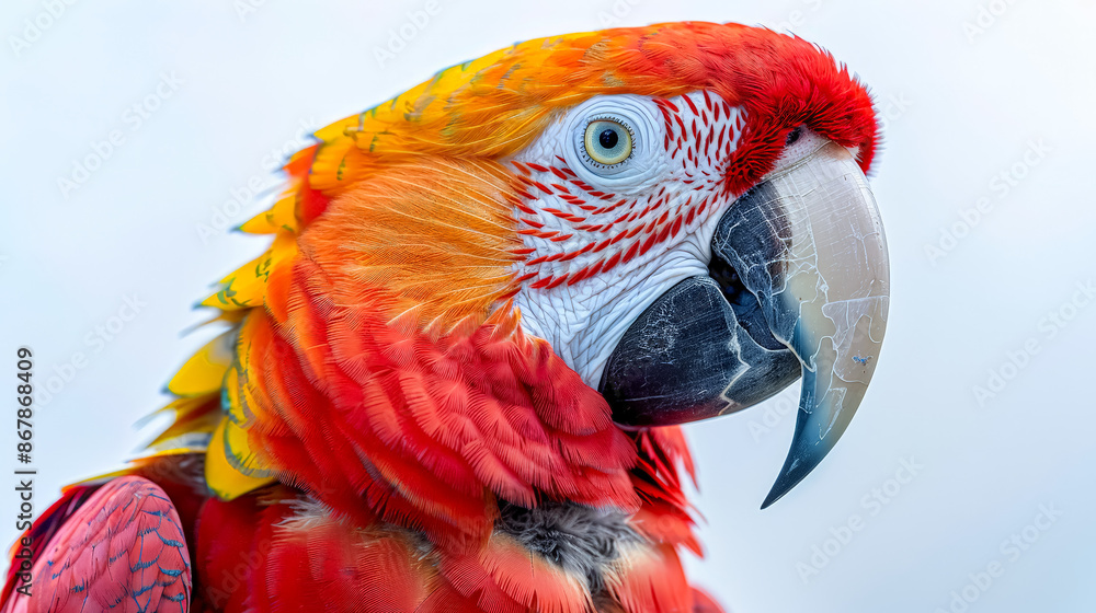 Poster a colorful parrot with a red beak and yellow feathers. the bird is looking directly at the camera