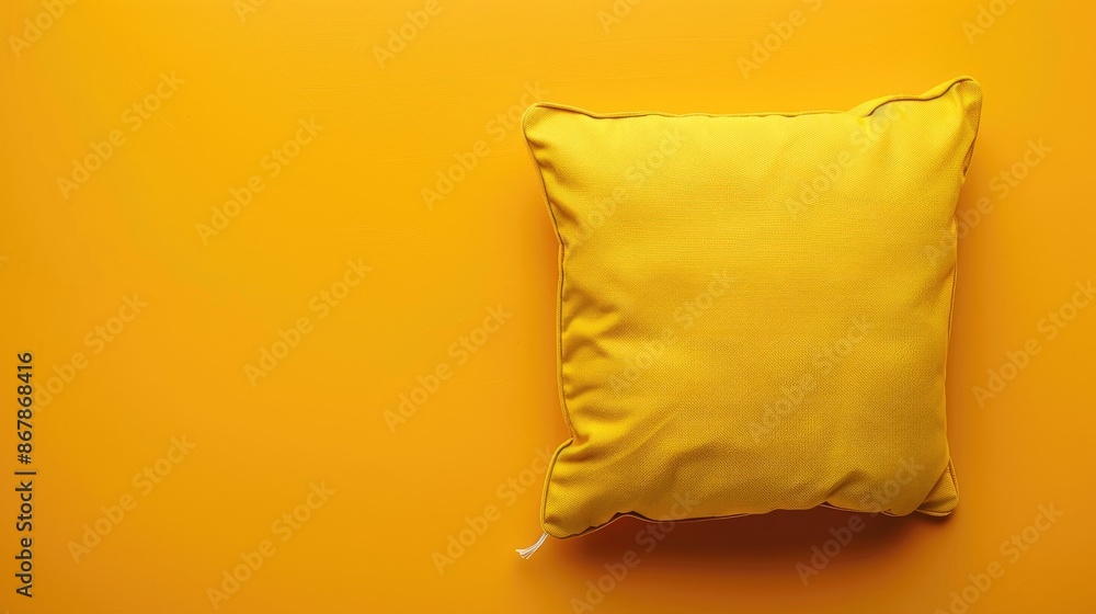 Poster pillow on yellow surface from above with space for text
