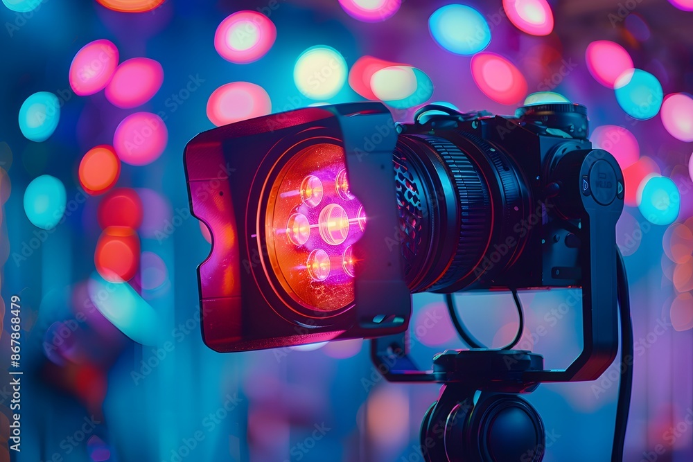 Poster professional camera with vibrant bokeh lights in the background