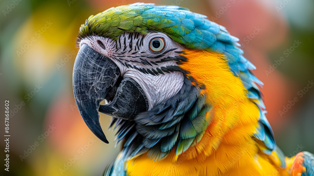 Poster a colorful parrot with a red beak and yellow feathers. the bird is looking directly at the camera