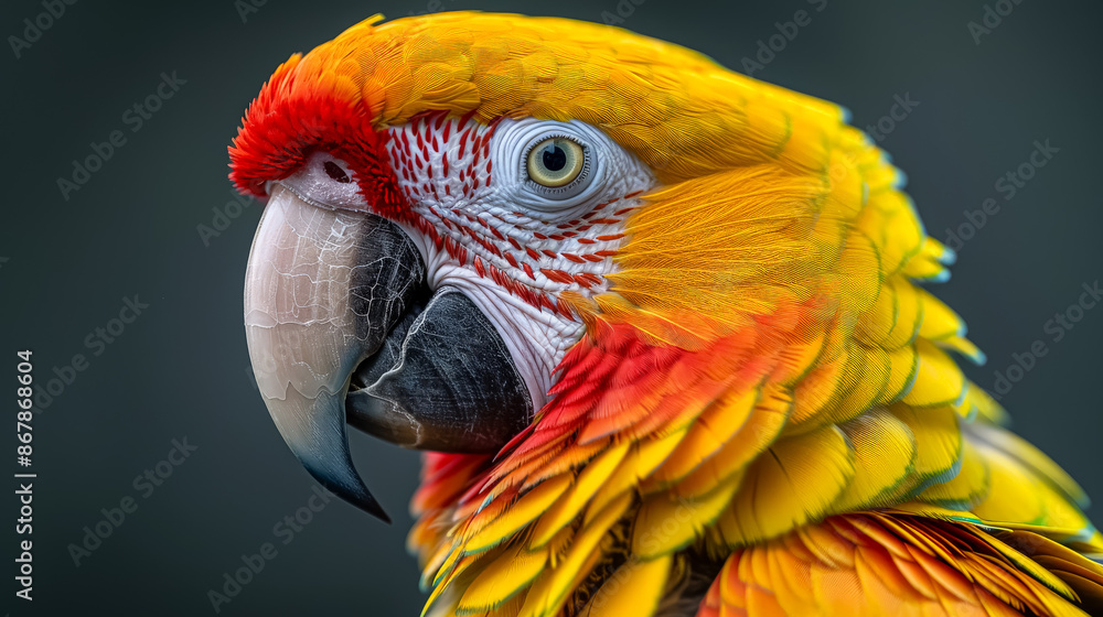Poster a colorful parrot with a red beak and yellow feathers. the bird is looking directly at the camera