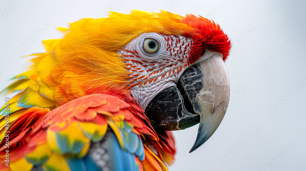 Poster a colorful parrot with a red beak and yellow feathers. the bird is looking directly at the camera