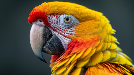 Obraz premium A colorful parrot with a red beak and yellow feathers. The bird is looking directly at the camera