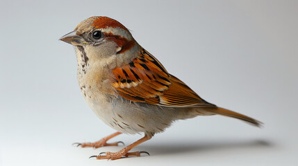 A small bird with brown and white feathers is perched on a rock. The bird has a curious expression on its face, and it is looking around. Concept of calm and peacefulness