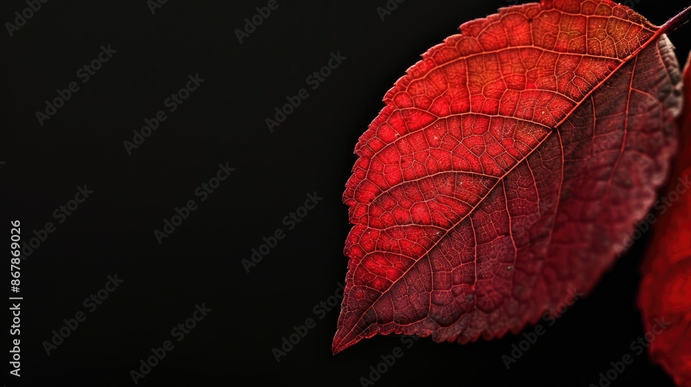 Poster red tree leaf close up in garden with black background and text space