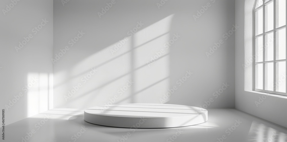 Poster sunlit white room with minimalist design, an empty podium casts shadow patterns for an artistic and 