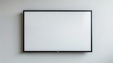 Mockup of a large flat-screen TV hanging on the wall with a black frame, white background and minimalistic style. 