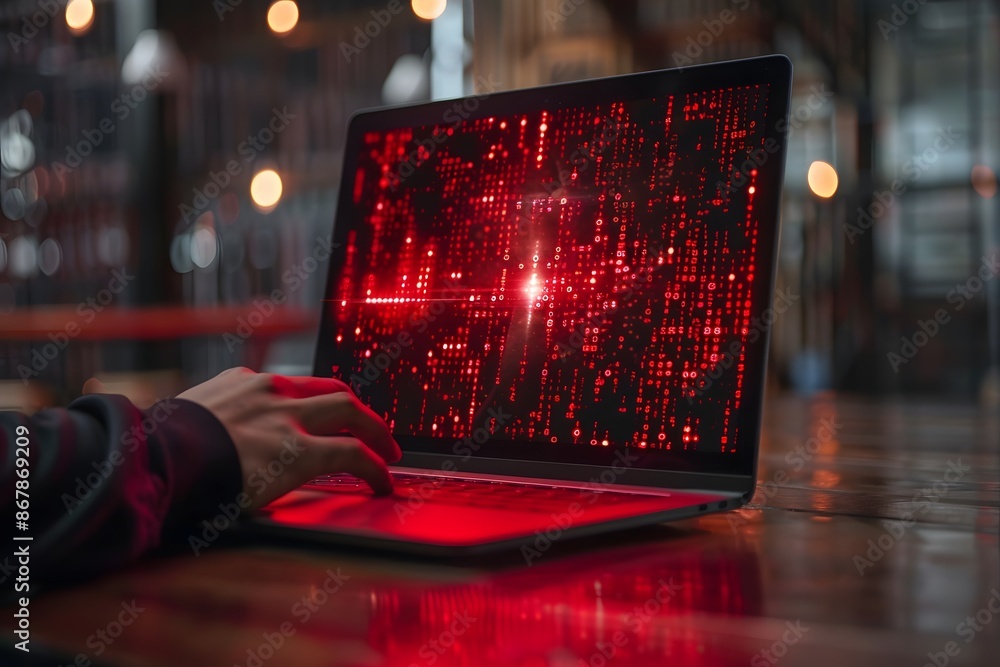 Poster person using laptop with red digital code display in dimly lit room