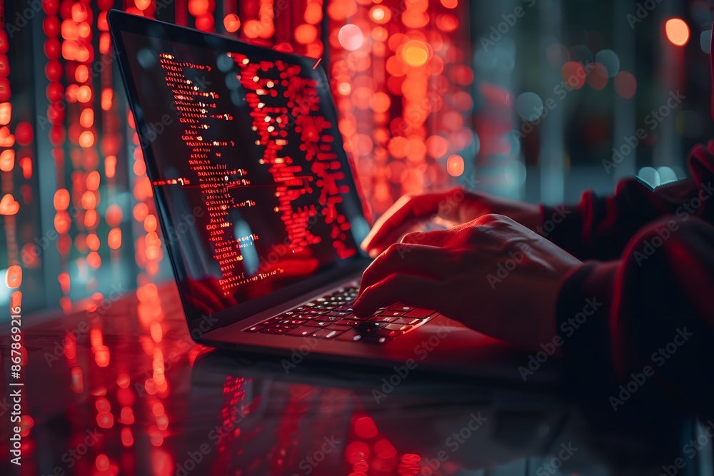 Poster hacker typing code on laptop in dark room with red lighting