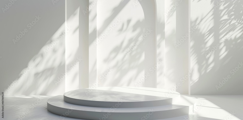 Poster sunlit white room with minimalist design, an empty podium casts shadow patterns for an artistic and 