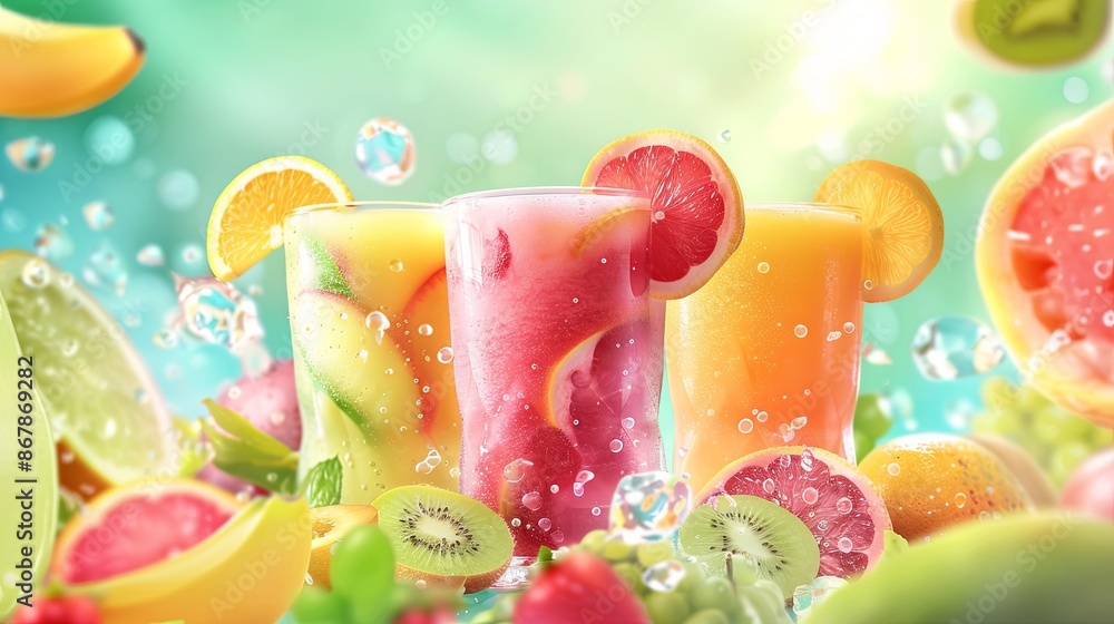 Poster a refreshing image of three fruit juice drinks, surrounded by fresh fruit slices and bubbles, perfec