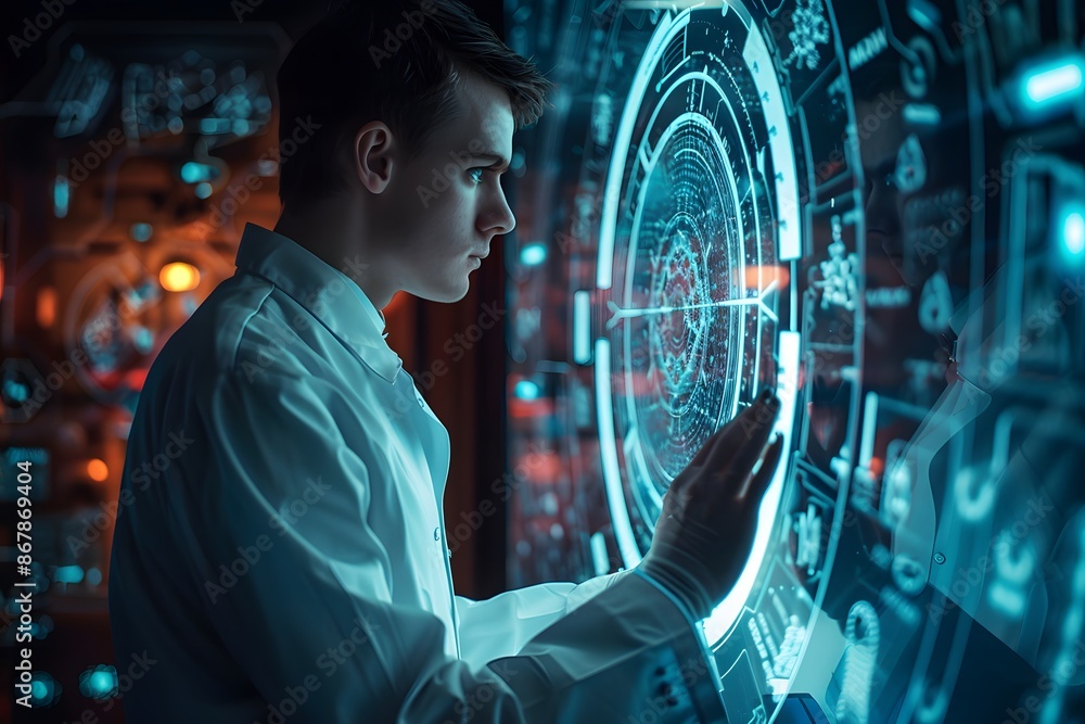 Aufkleber scientist interacting with futuristic holographic interface in high-tech lab