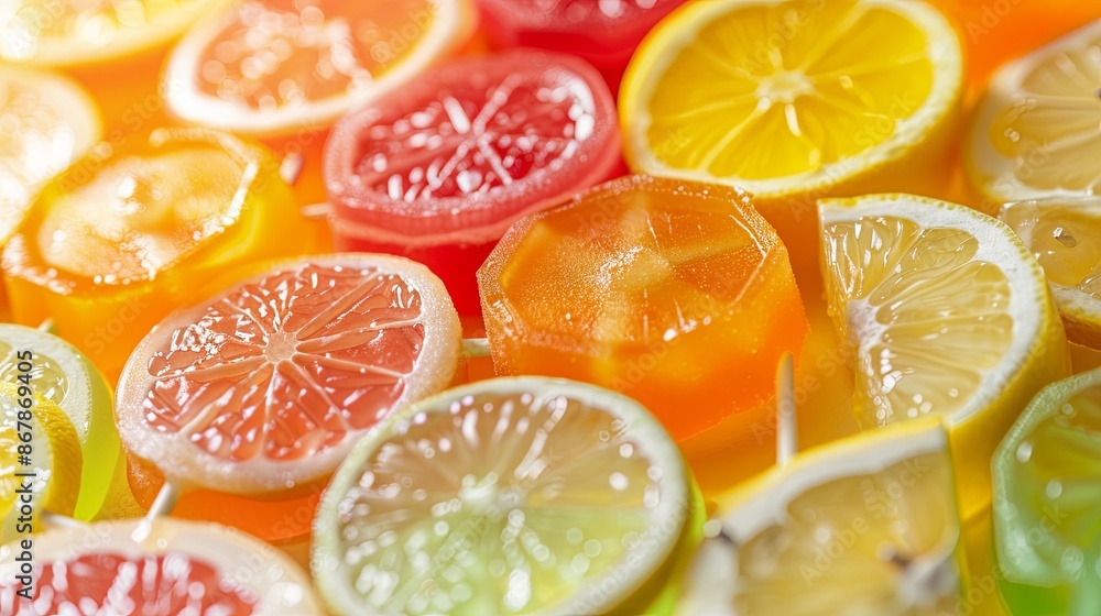 Poster a close-up image of colorful citrus fruit slices on sticks, showcasing a variety of oranges, grapefr