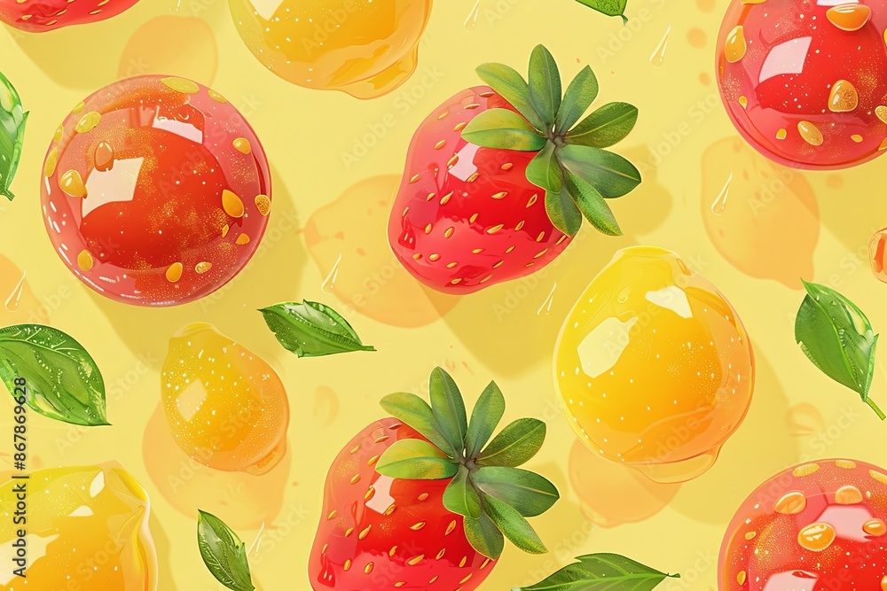 Leinwandbilder a close-up image showcasing glossy red strawberries and yellow lemons arranged on a bright yellow ba