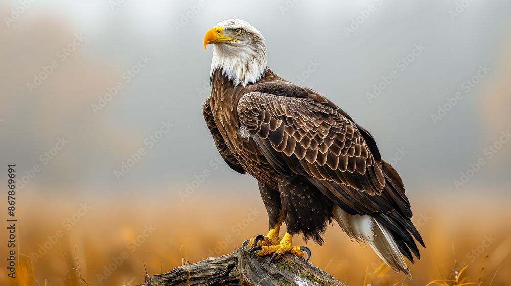 Aufkleber a bald eagle stands on a log in a field. the eagle is looking to the left. the sky is cloudy and the