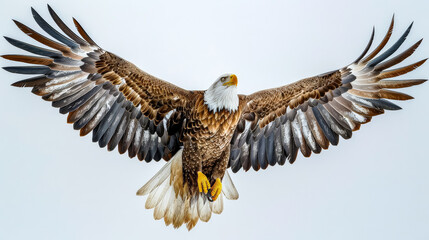 Fototapeta premium A large eagle is flying in the sky with its wings spread wide. The bird is majestic and powerful, soaring through the air with grace and confidence. Concept of freedom and strength