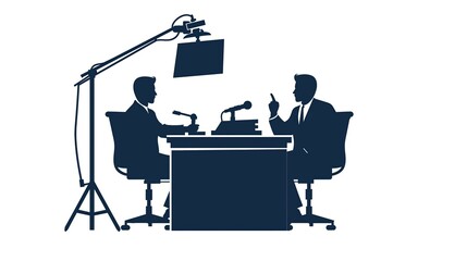 Podcast silhouette illustration with microphones, headphones, and studio lights, where two people sitting at a table talking. Host and guest discussing the live online show. Creative logo.