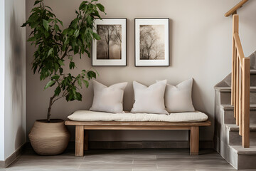 Minimalist interior space featuring a wooden staircase, a light wooden bench with neutral-toned cushions, and a plant in a pot on a rustic stool. Serene and cozy atmosphere. Entryway. Generative Ai.