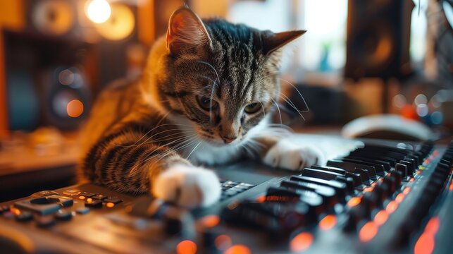 A cat is laying on a keyboard in a studio