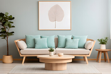 Scandinavian home interior design of modern living room with a sofa with pastel blue cushions, plants and a frame with a painting on the wall.  Palette of blue tones. Generative Ai.