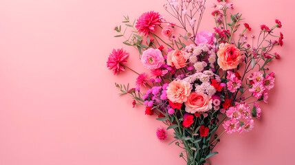 Beautiful bouquet of flowers on a minimalist pink background. Ideal for greeting cards or advertising. Image with copy space. Generative Ai.
