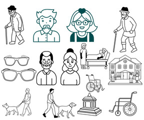 Set of  outline icons related to elderly. Linear icon collection. Editable stroke. Vector illustration