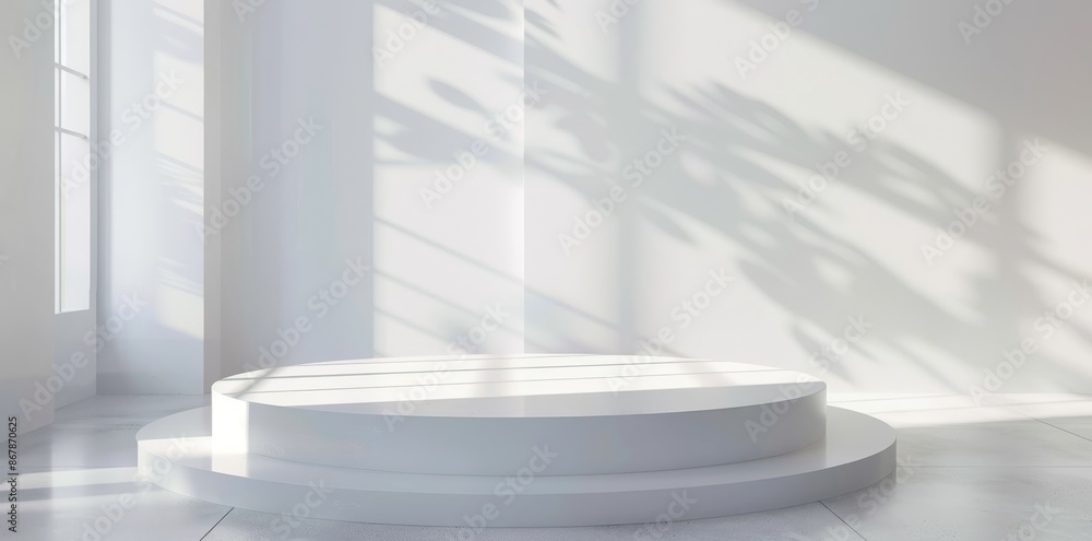 Poster sunlit white room with minimalist design, an empty podium casts shadow patterns for an artistic and 