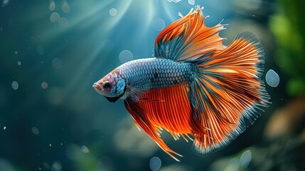 Obraz premium A fish with orange fins swimming in a blue tank