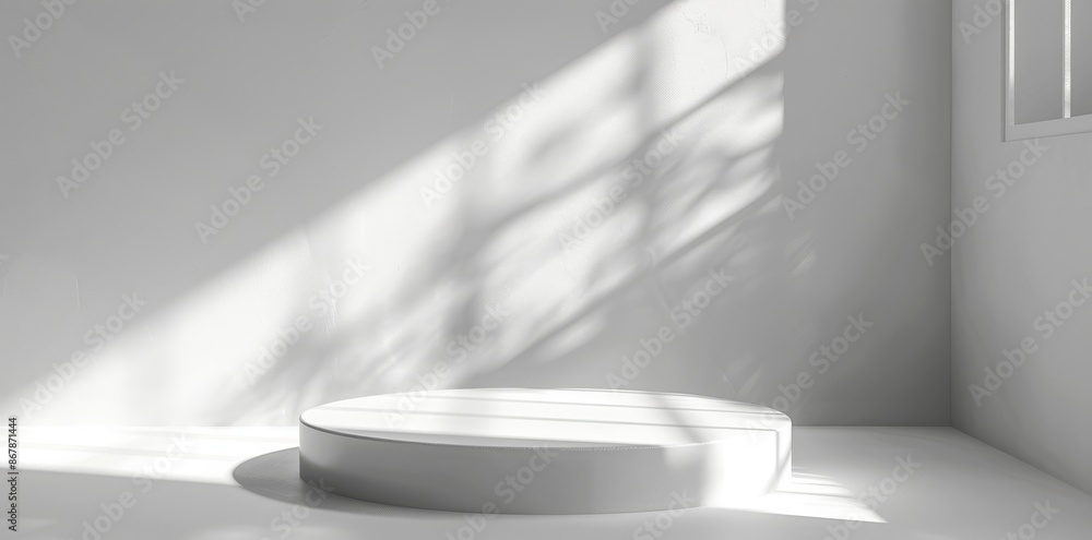 Poster sunlit white room with minimalist design, an empty podium casts shadow patterns for an artistic and 