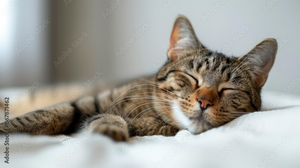 Wall mural A cat is laying on a white blanket with its head tilted to the side. The cat appears to be relaxed and comfortable in its surroundings