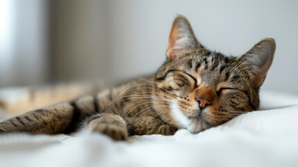 A cat is laying on a white blanket with its head tilted to the side. The cat appears to be relaxed and comfortable in its surroundings