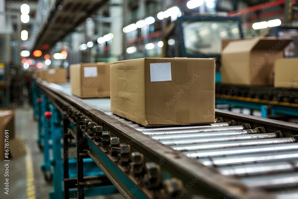 Poster efficient package sorting on a conveyor belt in a modern warehouse