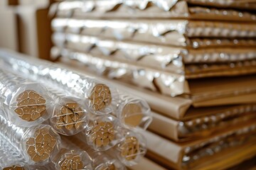 Stacks of Cardboard Tubes and Sheets Wrapped in Plastic for Shipping