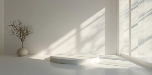 Serene sunlit room with a pedestal and dry plant exudes a contemporary aesthetic in tranquil atmosphere