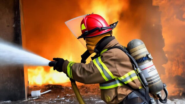 A fireman in full gear extinguishes a fire using a water hose. Concept: emergency situations, rescue operations, fire safety and heroism.