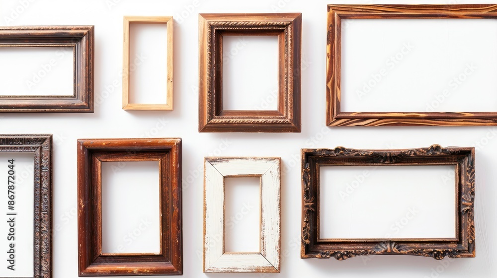 Poster old wooden picture frames group with empty space on white backdrop