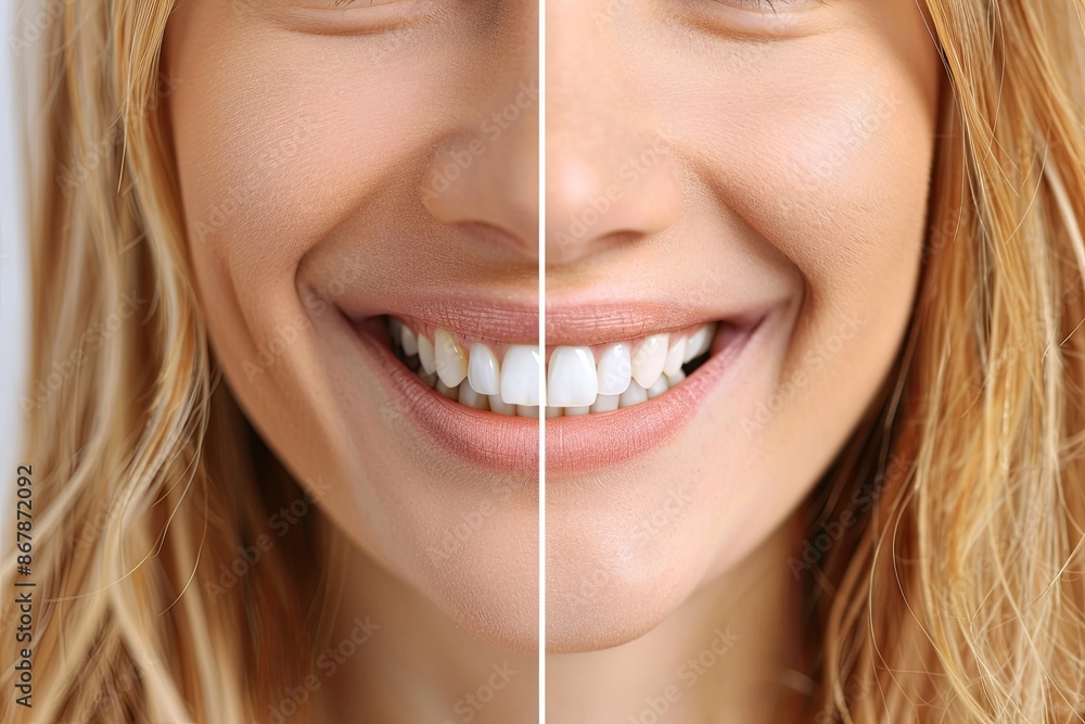 Poster close-up image of a womans smile, showing a comparison of her teeth before and after a whitening tre