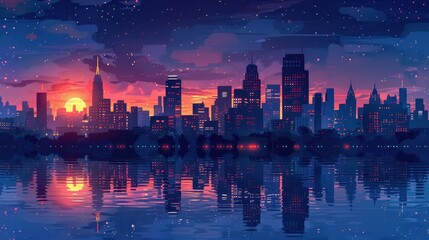 Obraz premium A city skyline with a sunset in the background
