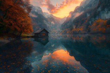 Fototapeta premium Tranquil Lakeside Cabin Amidst Autumnal Mountains at Sunset