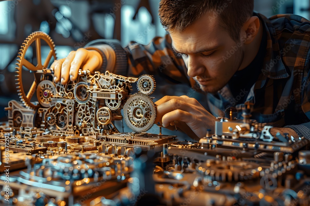 Poster man working on intricate mechanical model with gears and components