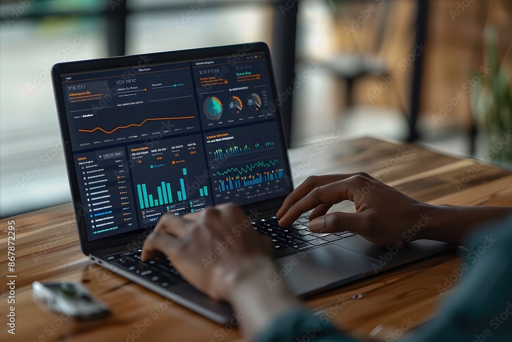 Aufkleber analyzing data on a laptop with interactive dashboards