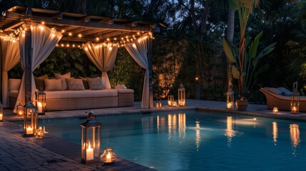 Fototapeta premium A romantic poolside setting with candle-lit lanterns and a private cabana
