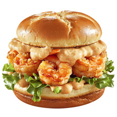 Crispy Shrimp Burger with Breaded Shrimp Patties, Spicy Aioli, and Lettuce on Brioche Bun