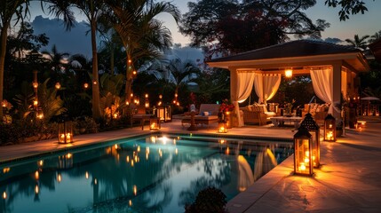 A romantic poolside setting with candle-lit lanterns and a private cabana