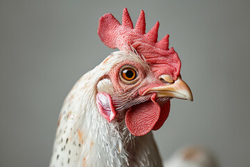 A chicken with a red beak and a white face. The chicken is looking at the camera