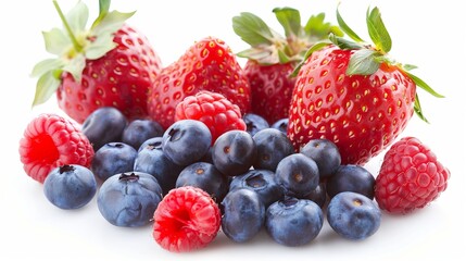 Obraz premium Fresh berries including strawberries, raspberries, and blueberries. Vivid colors and natural textures perfect for food blogs, recipe websites, and healthy eating promotions. 