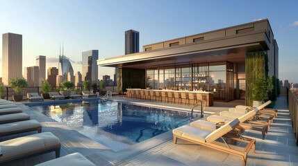 Obraz premium A rooftop pool with stunning city skyline views