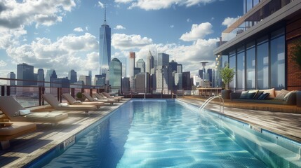 A rooftop pool with stunning city skyline views