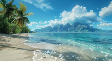 Tropical Beach Scene With Palm Trees and Mountains on a Sunny Day