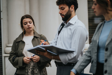 Young business professionals brainstorming ideas and discussing strategies in an outdoor meeting in urban city downtown. Collaborative teamwork and planning for market trends and revenue growth.